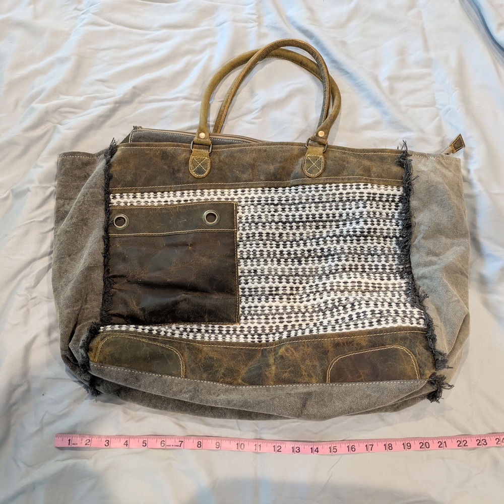 Myra Bag Brown and Gray Travel Bag with Mixed Materials